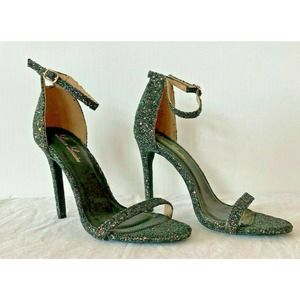 LAUREN LORRAINE Naomi Ankle Strap Stiletto Pump Sz 9.5 Heels Black Glitter
